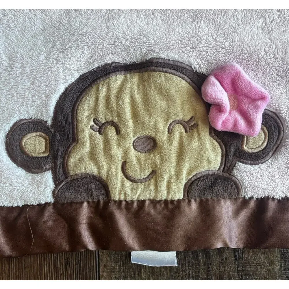Carter’s Pink Monkey Baby Girls Blanket Pink Brown Lovey Child Mine Satin Edge